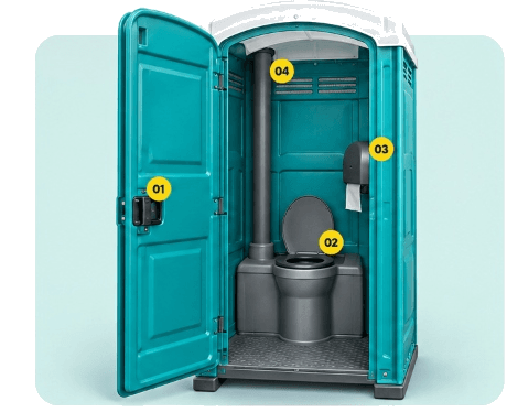 Inside a standard portable toilet - equipment diagram with feature callout pins